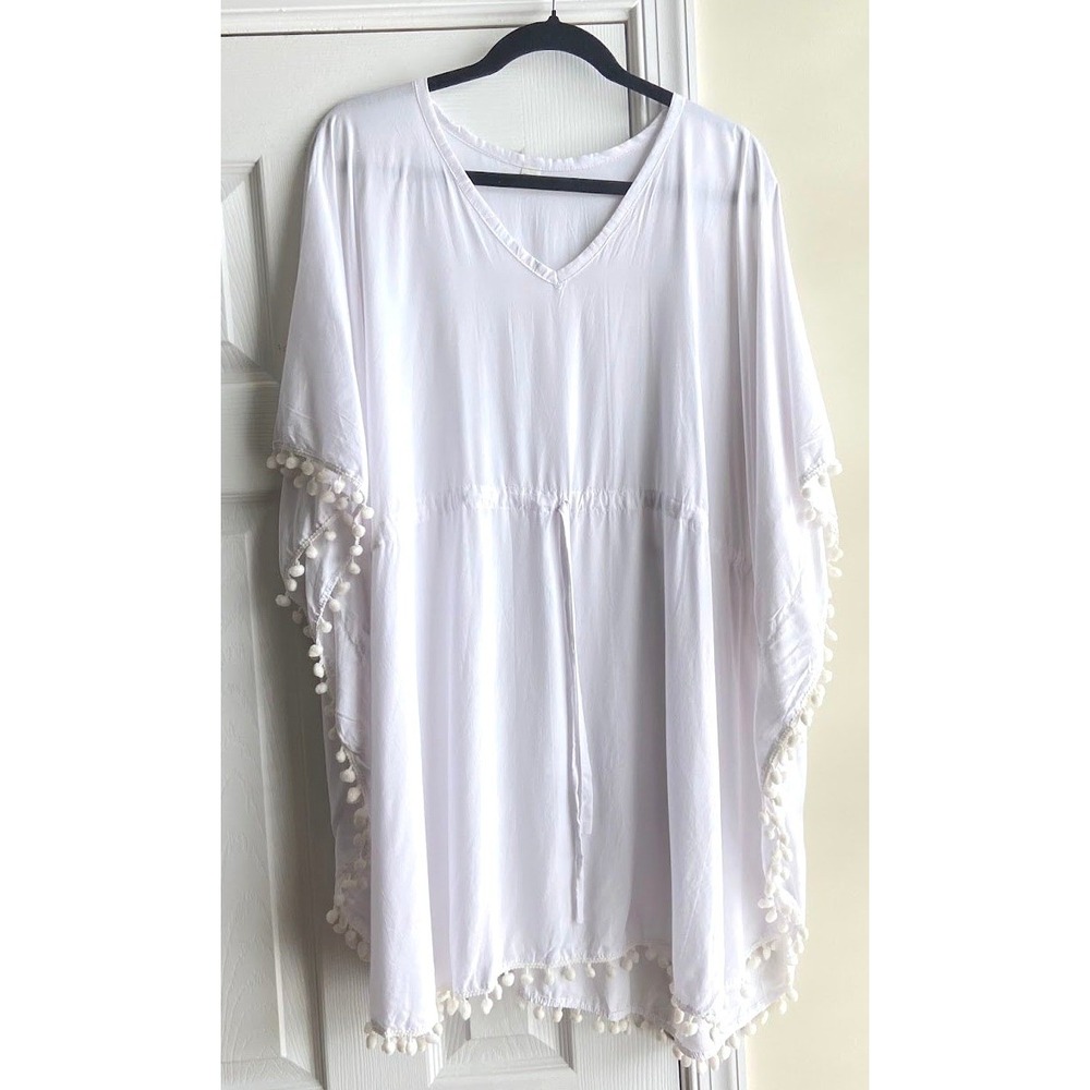 Womens Kaftan Swim Cover Up Pom Pom Trim Cotton Beach Poncho White One Size